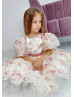 Puff Sleeve Printed Organza Tea Length Flower Girl Dress